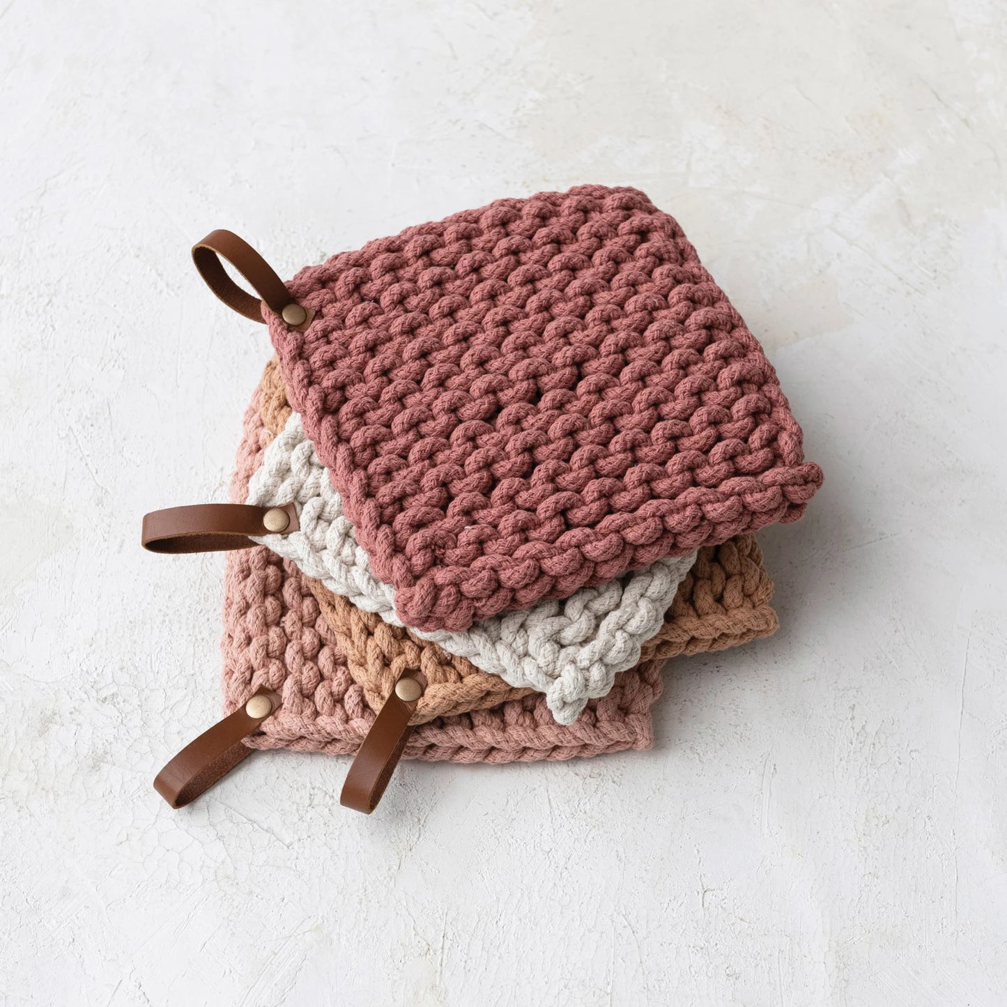 Cotton Crocheted Pot Holder w/ Leather Loop, 4 Colors