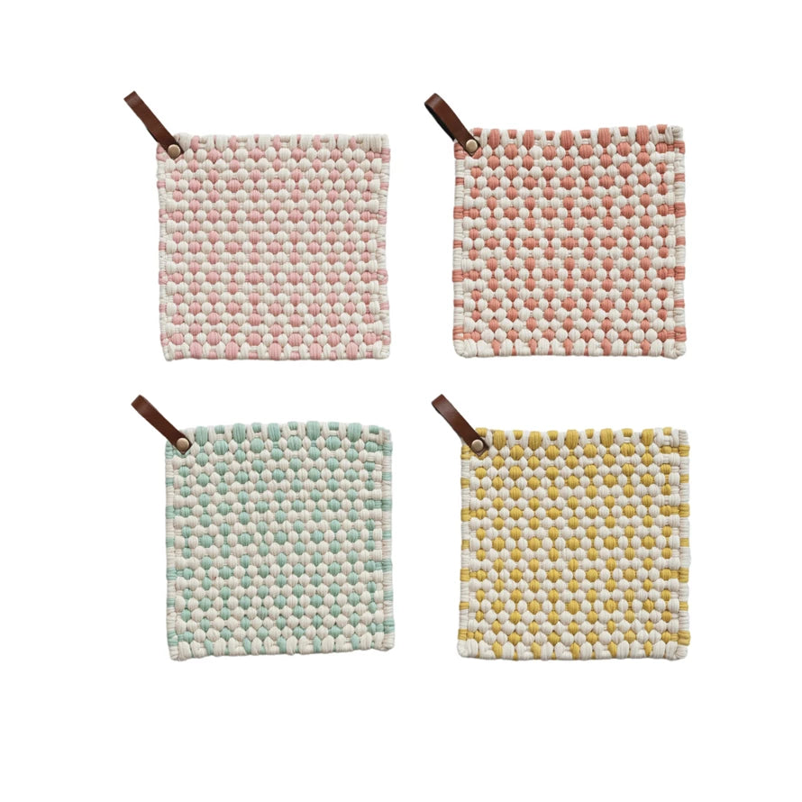 8" Cotton Crocheted Pot Holder w/ Leather Loop, 4 Styles