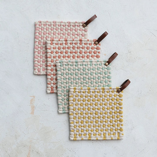 8" Cotton Crocheted Pot Holder w/ Leather Loop, 4 Styles