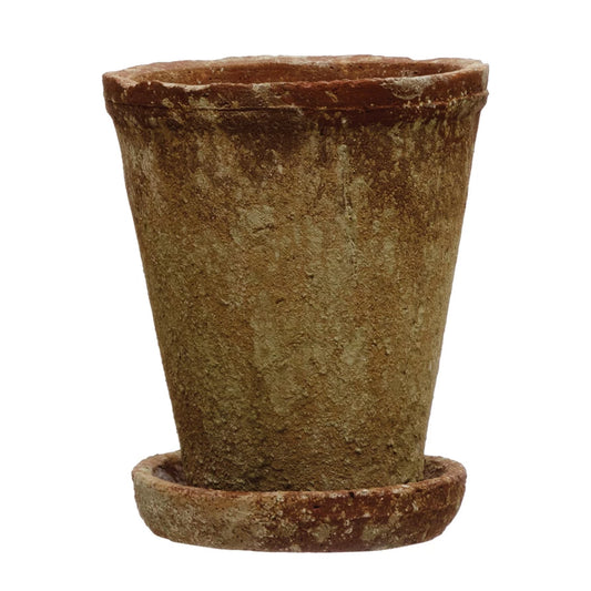 Distressed Cement Planter with Saucer, Set of 2, Holds 5" Pot